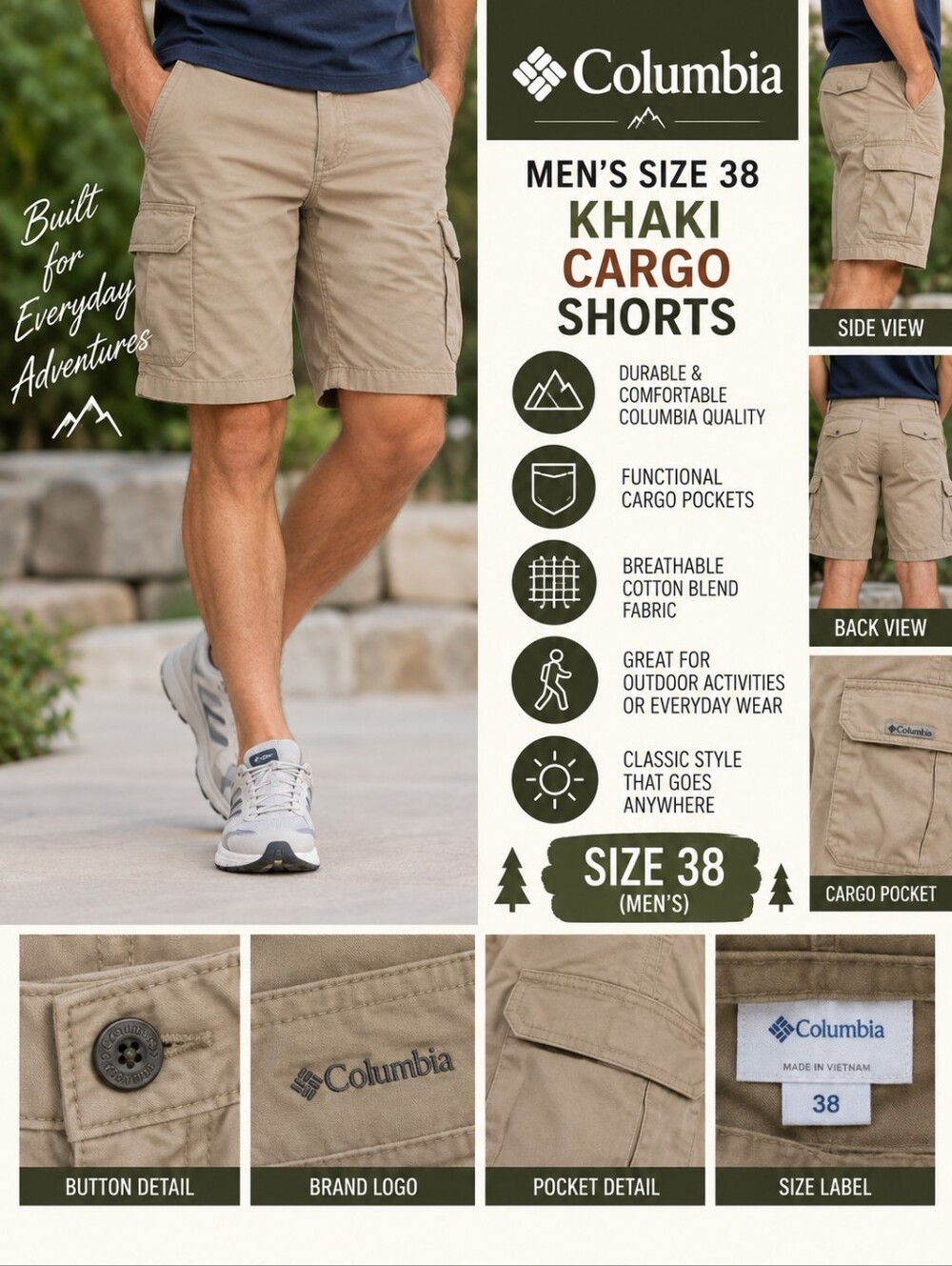 Columbia mens size 38 khaki cargo shorts #34